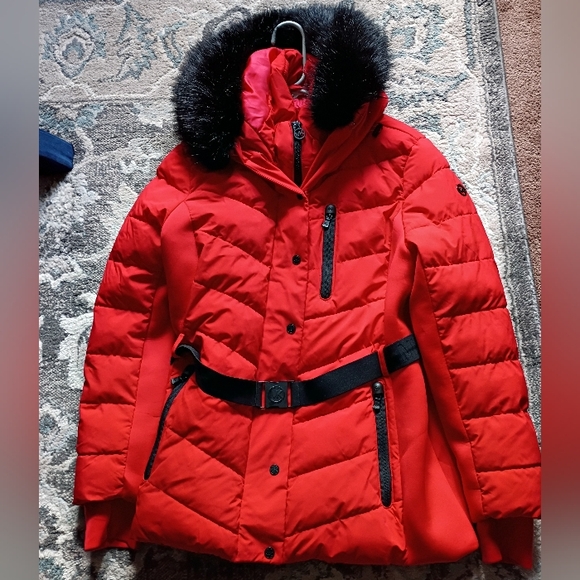 Michael Kors Jackets & Blazers - Michael Kors Red Coat Belted MK Designer Jacket  Black Fur Hood